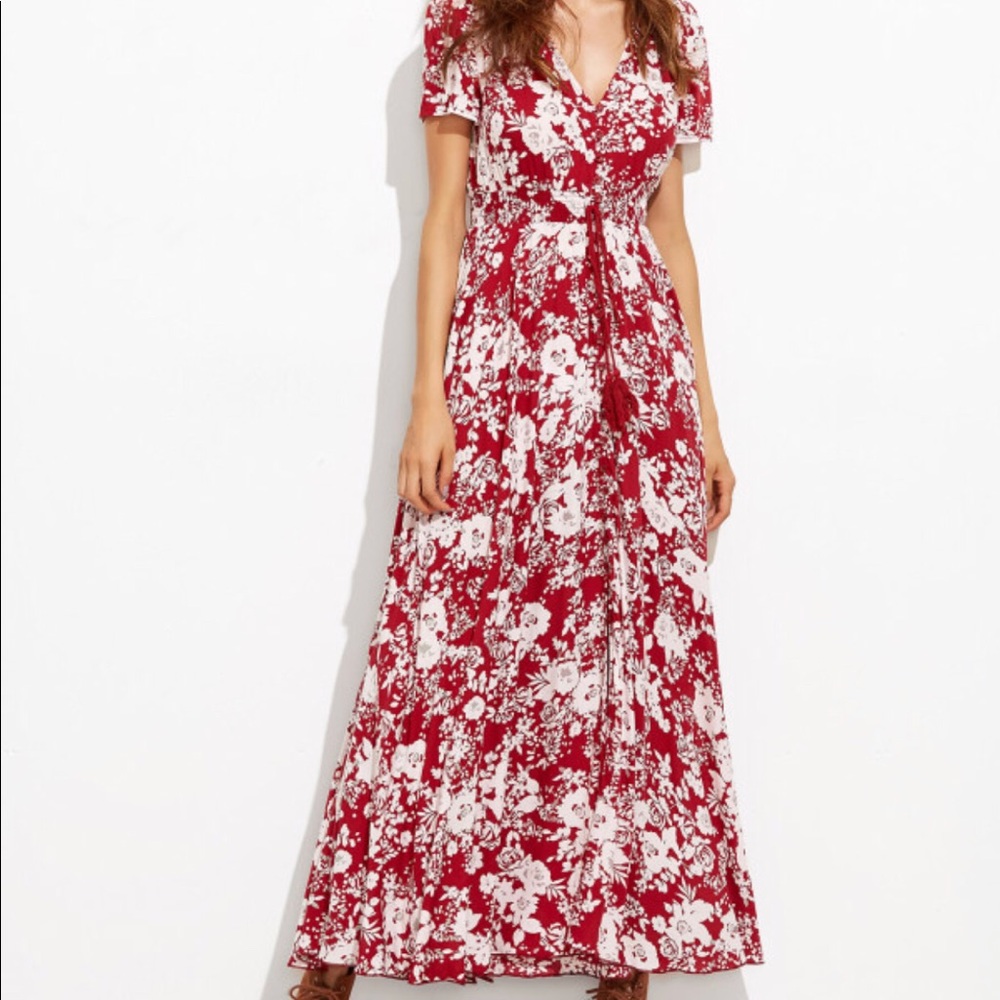 V-Neck Print Tassel Tie Dress